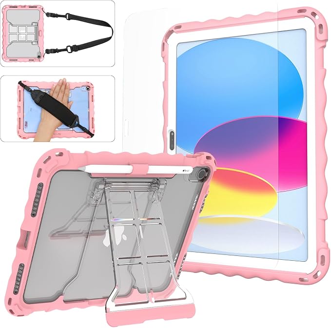 iPad (A16) 11th Generation 2025 11-inch/10th Generation 2022 10.9-inch Protective Case Silicone Shockproof Case with Screen Protector Pencil Storage Slot Shoulder Strap Handle Stand (A-Blue)