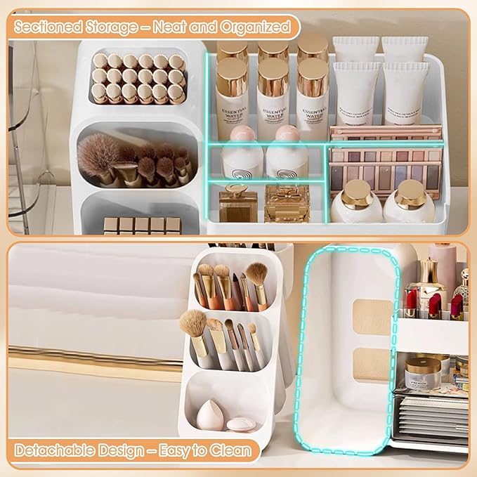 Makeup Organizer with Drawers for Vanity, Countertop Brush Holder, Counter Skincare Cosmetic Display Case Storage Box for Beauty Essentials, Women Make up Storage Solution for Bathroom Dresser Desk
