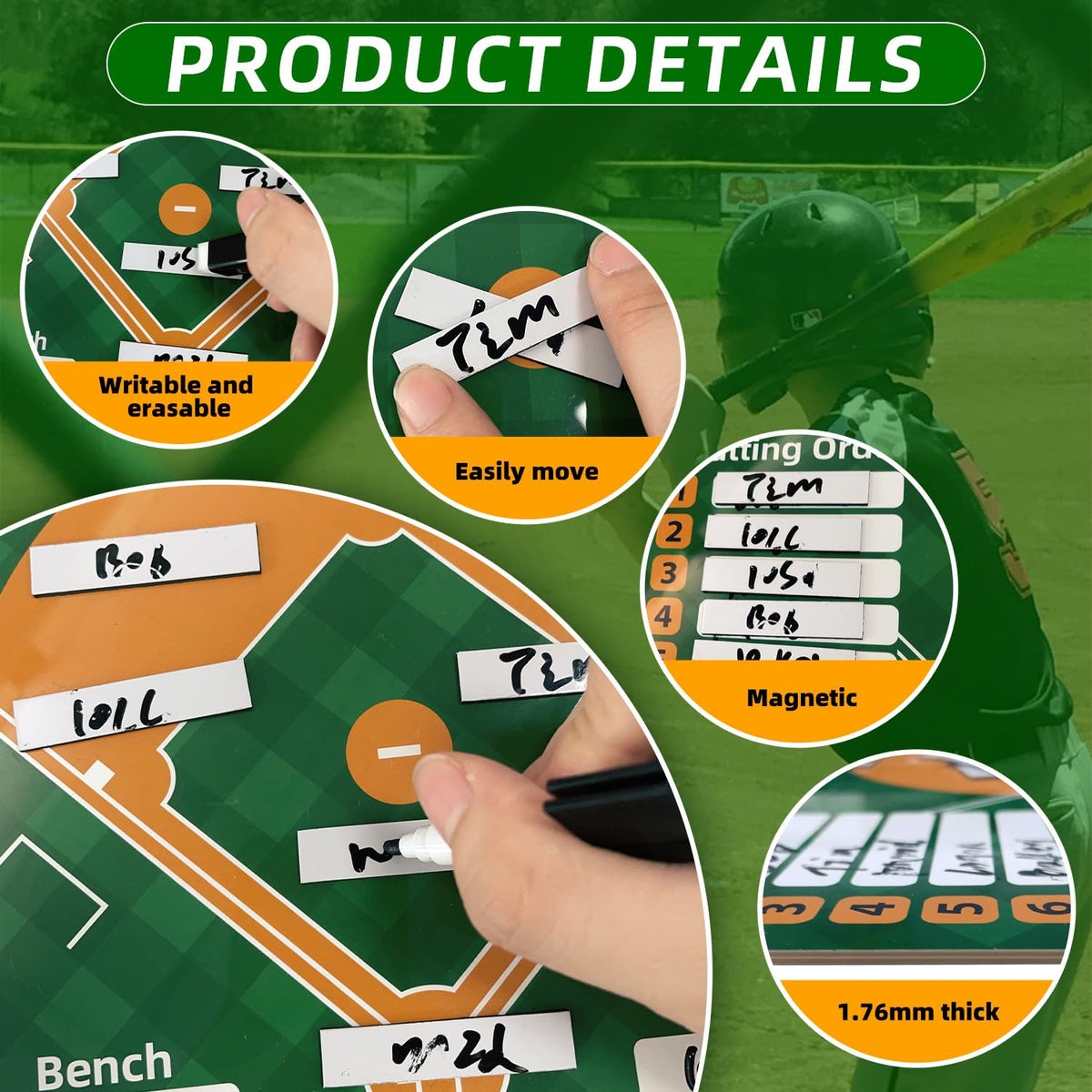 QCBF Magnetic Baseball Lineup Board, Baseball Lineup Cards Baseball Lineup Board for Dugout Baseball Accessories 30 Sheets Lineup Cards Baseball Clipboard