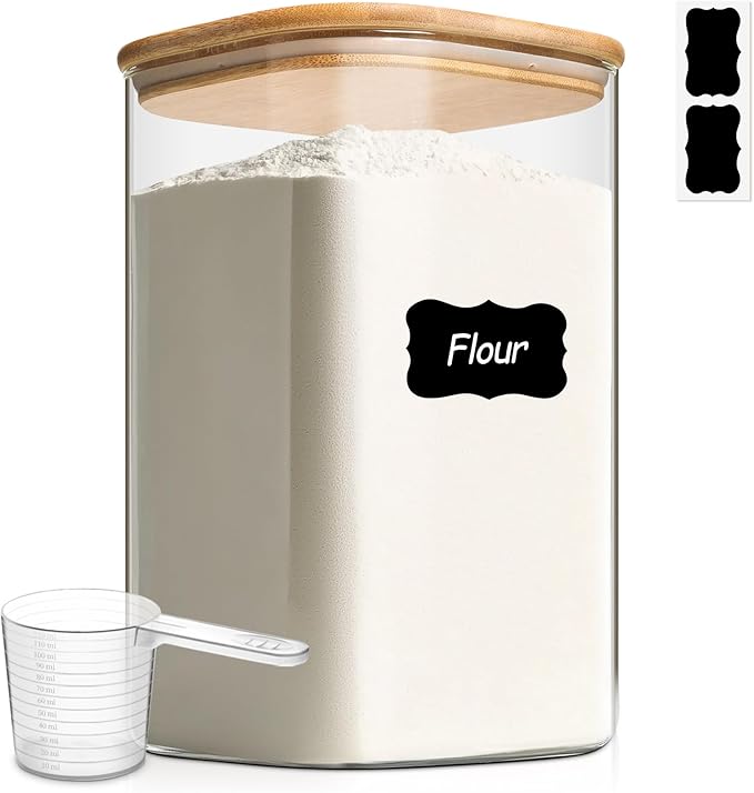 ComSaf 4.6Qt Glass Food Storage Containers, 1.2 Gallon Glass Flour and Sugar Containers with Airtight Lids, Large Square Jars with Bamboo Lids for Rice, Pasta, Oats, Grains, Cookies, Coffee Beans