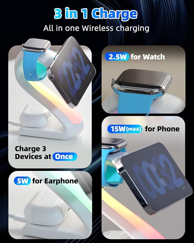 4-in-1 Magnetic Wireless Charging Station for Apple iPhone 17 16 15 14 13 12 Pro Max &amp Watch | 15W Fast MagSafe Charger Stand with Night Light | Aesthetic Swan Desk Organizer for AirPods (White)