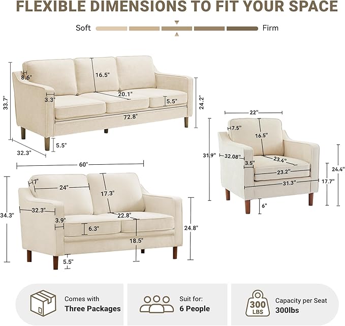 Kingfun Living Room Furniture Sets, 3 Seater Couch, Armchair and Loveseat, Mid Century Modern Sofa Set, Chenille Couch with Solid Wood Frame for Living Room & Bedroom, Beige
