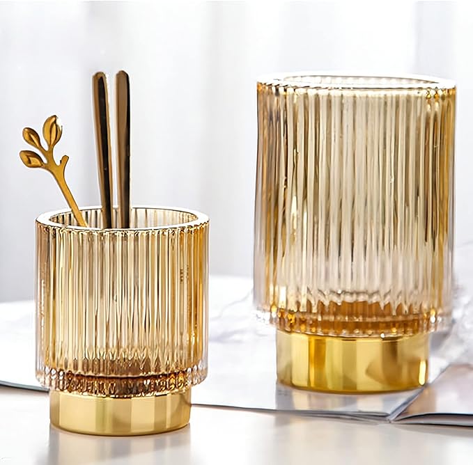 DASITON Makeup Brush holder Organizer,Crystal Cosmetic Makeup Brush Glass Brushes Storage Holder, Vintage Make Up Brush Cup Pen Pencil Holder striped vase(Coffee L)