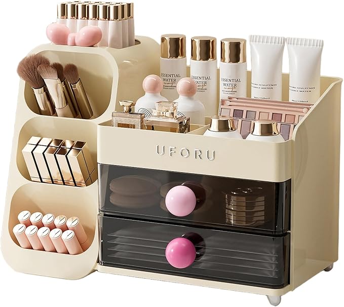 Makeup Organizer for Vanity with Brush Holder, Countertop Organizer with 2 Drawers, Spacious Cosmetic Display Case for Beauty Essential, Skincare, Lipstick