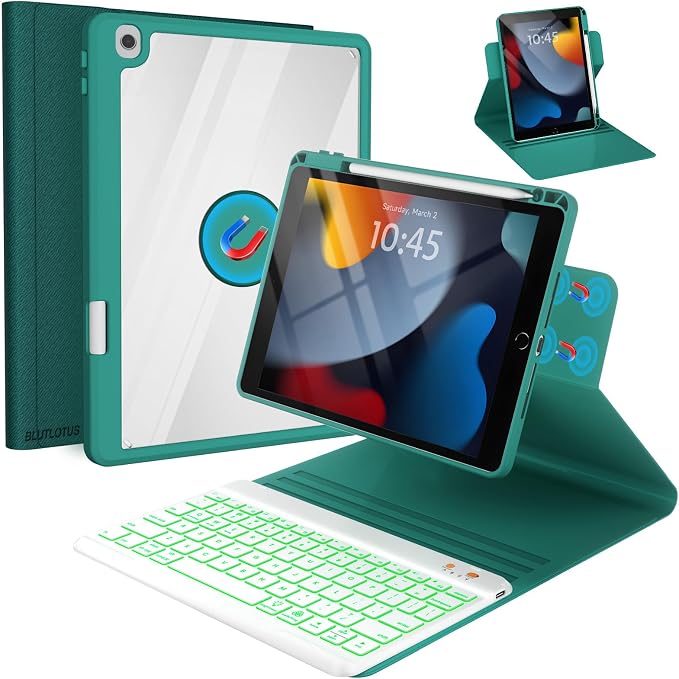 BLUTLOTUS Keyboard case for iPad 9th/8th/7th Generation 10.2 Inch - Backlit Wireless Detachable Folio Keyboard Cover with Pencil Holder for iPad 9th/8th/7th Gen Air 3rd Generation 10.5 Inch