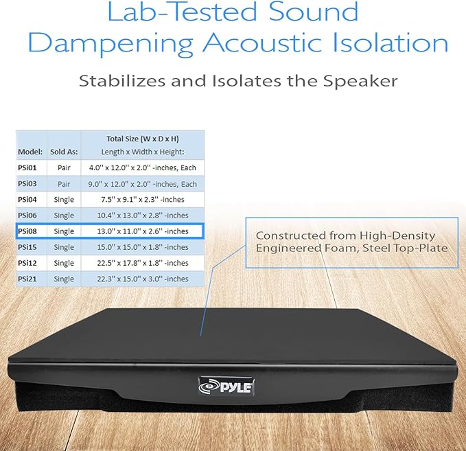 Pyle Speaker Isolation Pads - 13 x 11 x 2.6 inches - Acoustic Noise Isolation Platform - Foam Riser Recoil Stabilizer with Rubber Base for Studio Monitor, Subwoofer, Loudspeaker - PSIO8