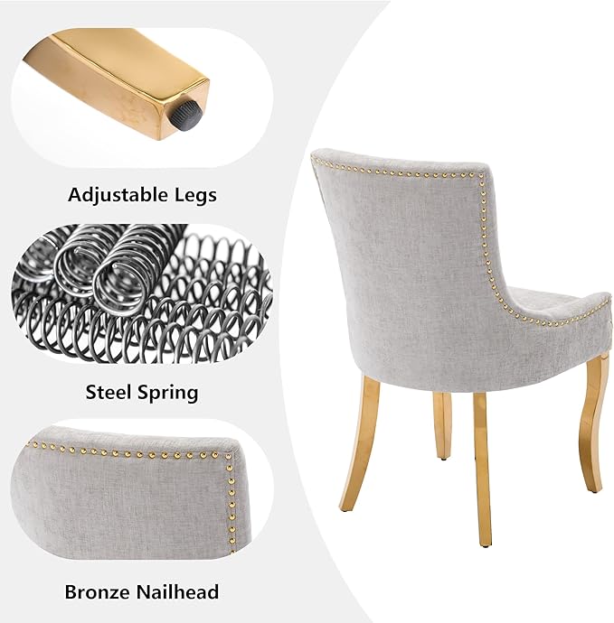 Luxury Fabirc Upholstered Dining Chairs Set of 4,Neutral Chenille Kitchen Room Chair with Nailhead Trim,4 Piece Modern Side Chairs for Dining Room,Living Room,Bar (Beige-Gold, Set of 4)