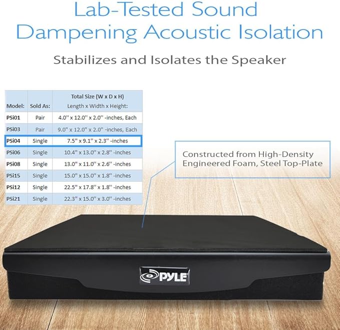 Pyle Speaker Isolation Pads - 7.5 x 9.1 x 2.3 inches - Acoustic Noise Isolation Platform - Foam Riser Recoil Stabilizer with Rubber Base for Studio Monitor, Subwoofer, Loudspeaker - PSIO4