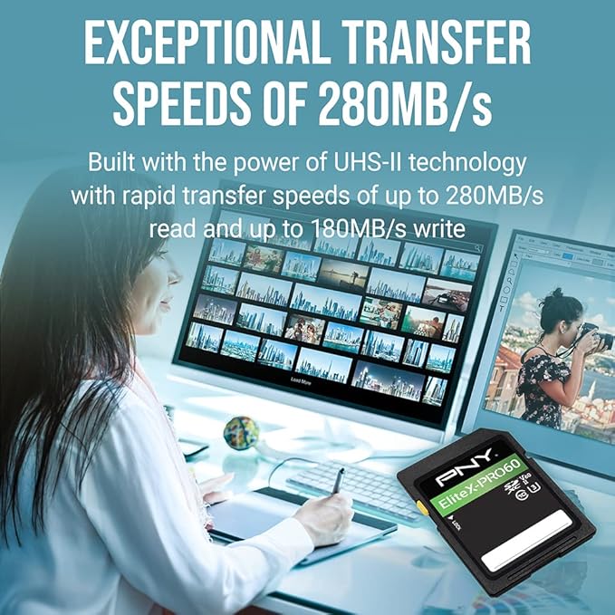PNY 128GB EliteX-PRO60 UHS-II SDXC Memory Card - R280MB/s W100MB/s, U3, V60, 4K UHD, Full HD, UHS-II for Professional Photographers & Content Creators, DSLR Mirrorless Cameras, Advanced Video Cameras