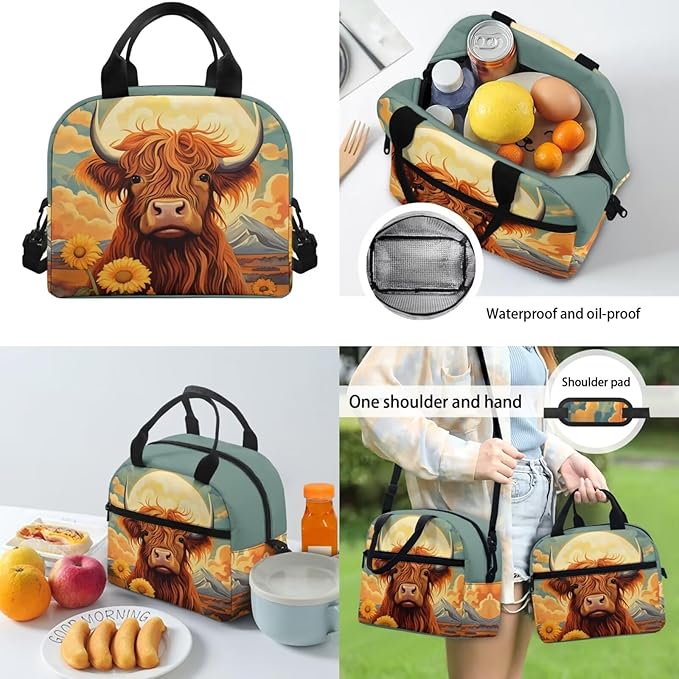 Highland Cow Backpack Purse for Girls with Lunch Box 4-6 6-8 10-12 Teen Girls School Bag Kids Schoolbag Pencil Case Elementary Bookbag Water Bottle Sleeve Kindergarten Preschool