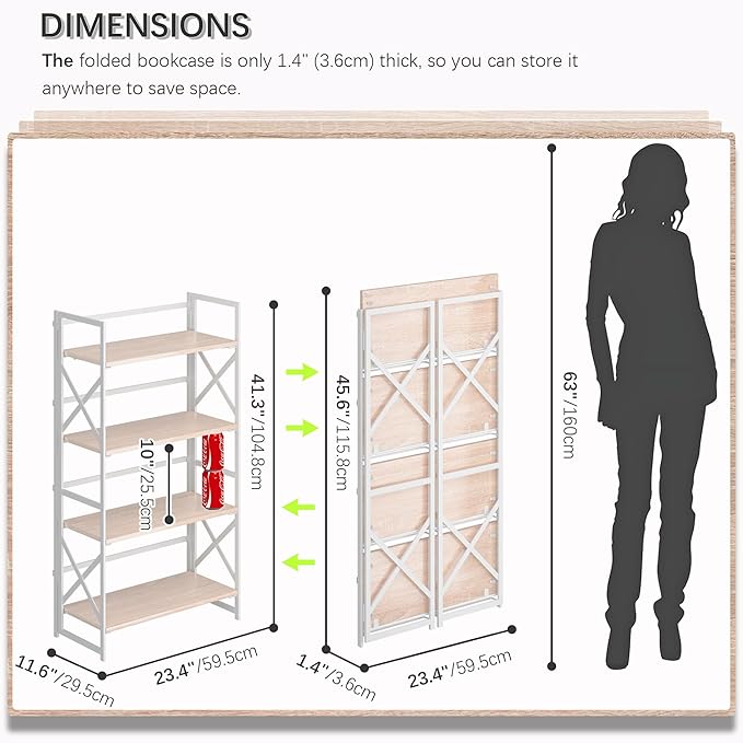 4NM 4 Tiers No Assembly Book Shelves, 41.3" H Folding Bookshelf Bookcase Open Industrial Foldable Shelves for Bedroom, Living Room, Home Office - Natural White