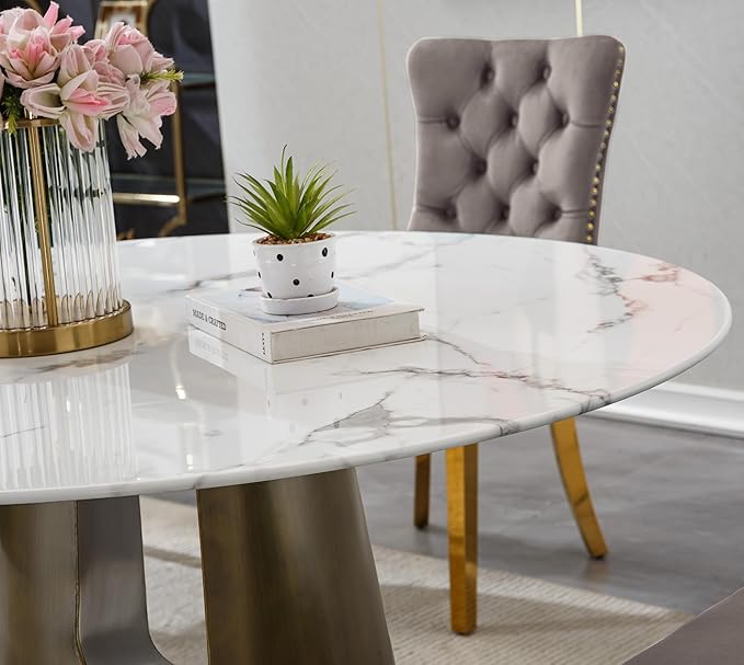 3-Piece Faux Marble Round Dining Table Set for 2, Modern Luxury Kitchen Table Set for 2 with Grey Tufted Chairs,Circle Dining Tables with White Marble Grain Top and Bronze Pedestal Base