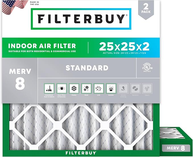 Filterbuy 25x25x2 Air Filter MERV 8 Essential Dust & Allergy Defense,