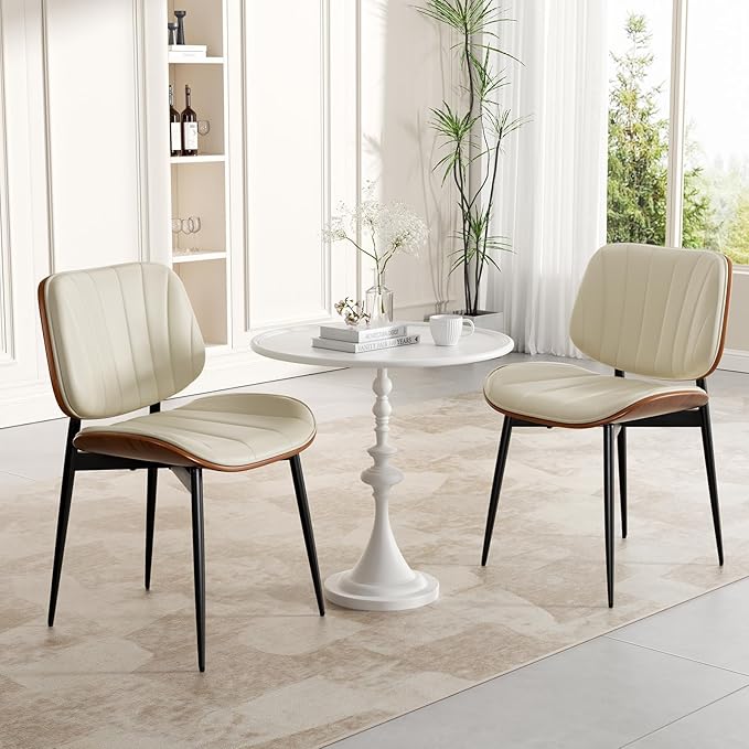Dining Chairs Set of 2, Mid Century Modern Dining Room Chair, Upholstered Faux Leather Kitchen Chairs with Walnut Bentwood Back and Metal Legs for Kitchen Dining Room Living Room, Beige