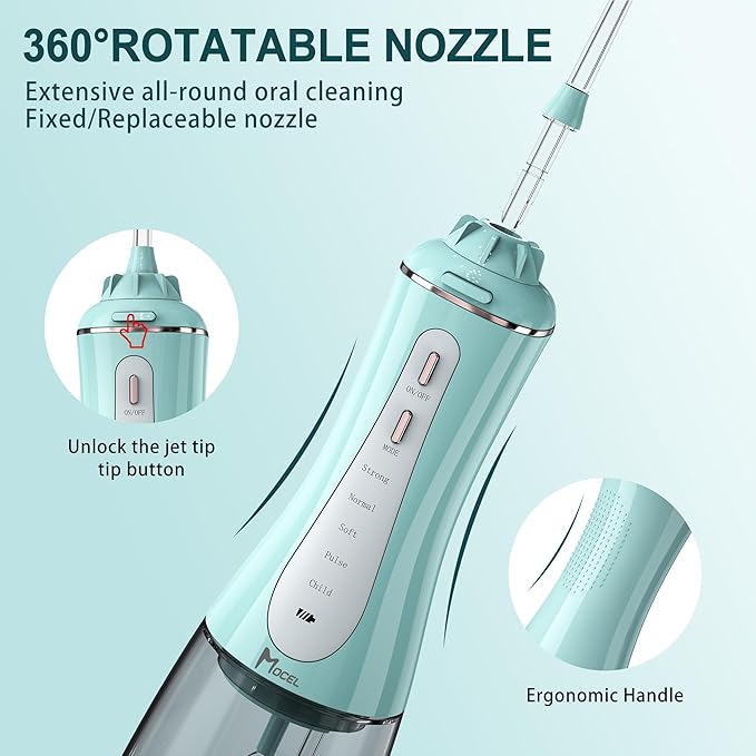MOCEL Water Dental Flosser for Teeth - 350ML Large Tank 5 Modes & 6 Tips Cordless, Oral Irrigator Waterproof, Portable Teeth Cleaning and Flossing with Effective Plaque Remover for Adults (Green)