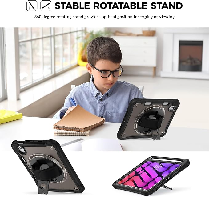 ProCase Rugged Case for iPad mini 7th(A17 Pro) 2024 / 6th Gen 8.3 2021 | Heavy Duty Shockproof Rugged Cover with Hand Strap 360 Degree Rotatable Kickstand Protective for iPad mini 8.3 -Black
