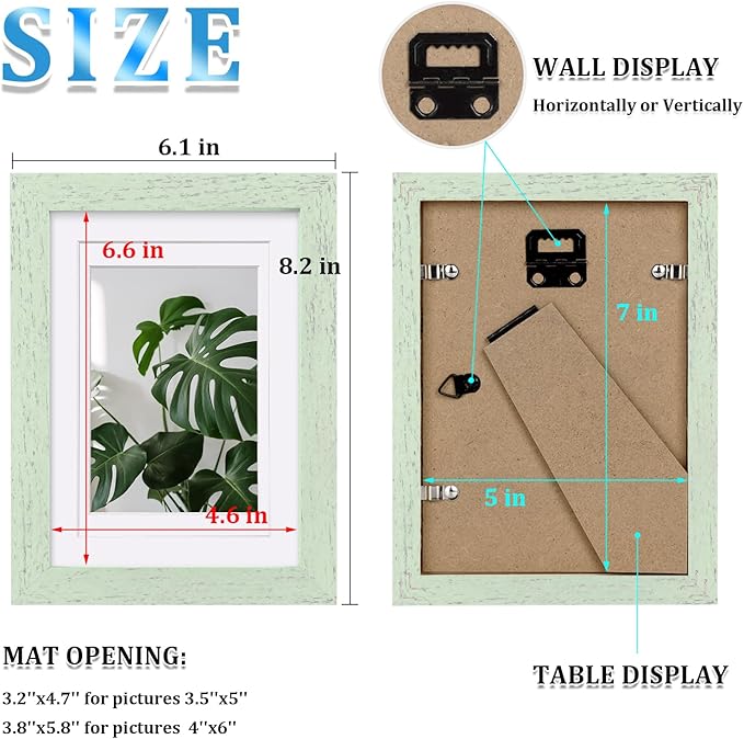 Egofine 5x7 Picture Frame Made of Solid Wood,Covered by Plexiglass Display Pictures 3.5x5/4x6 with Mat or 5x7 Without Mat for Table Top Display and Wall Mounting Photo Frame, Rustic Green