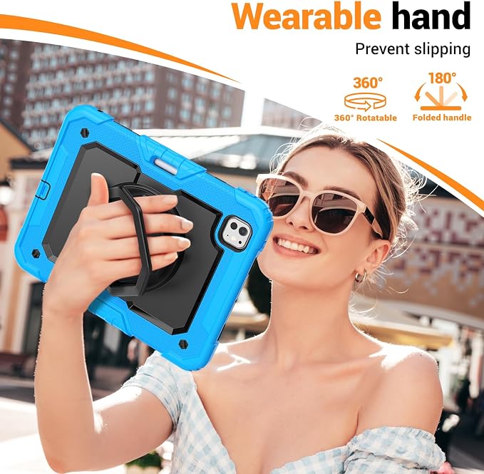 for iPad Pro 11 inch Protective Case M5 2025/M4 2024: Heavy Duty Shockproof Case with Pencil Holder - 360°Rotating Handle/Stand - Screen Protector - Shoulder Strap Black/Sky Blue