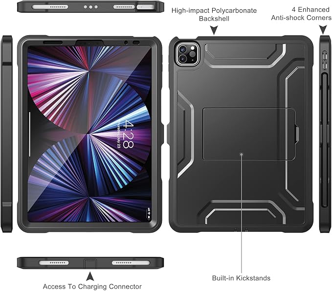 Soke Case for iPad Pro 11 Inch 2022/2021/2020/2018/iPad Air 5th/4th GenerationBuilt-in Screen Protector - Support 2nd Apple Pencil Charging - Heavy Duty Rugged Protective Kickstand Case - Black