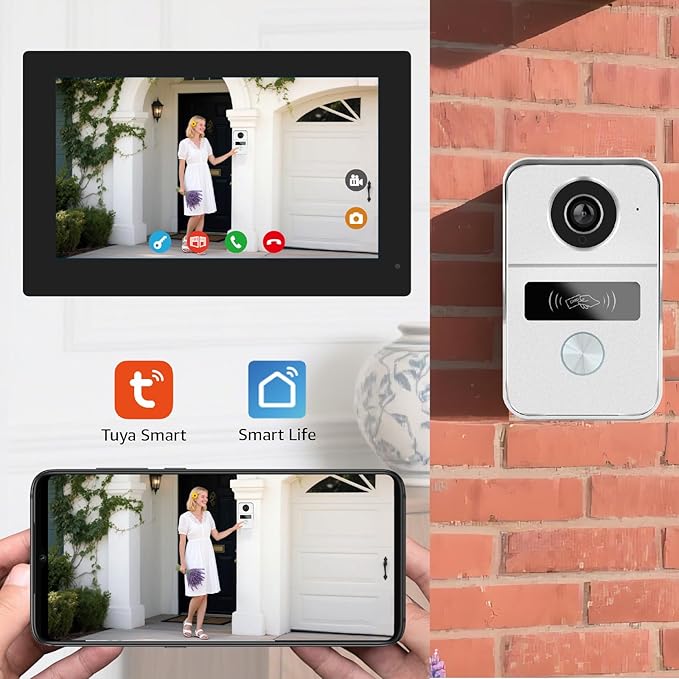 KeonBell 2 Wired Video Intercom System, 7 Inches Video Doorbell Camera with Monitor, Wired Video Door Phone HD Camera Kits Support tuya, Two Way Talk, Video Recording, Remote Unlock for Smart Home