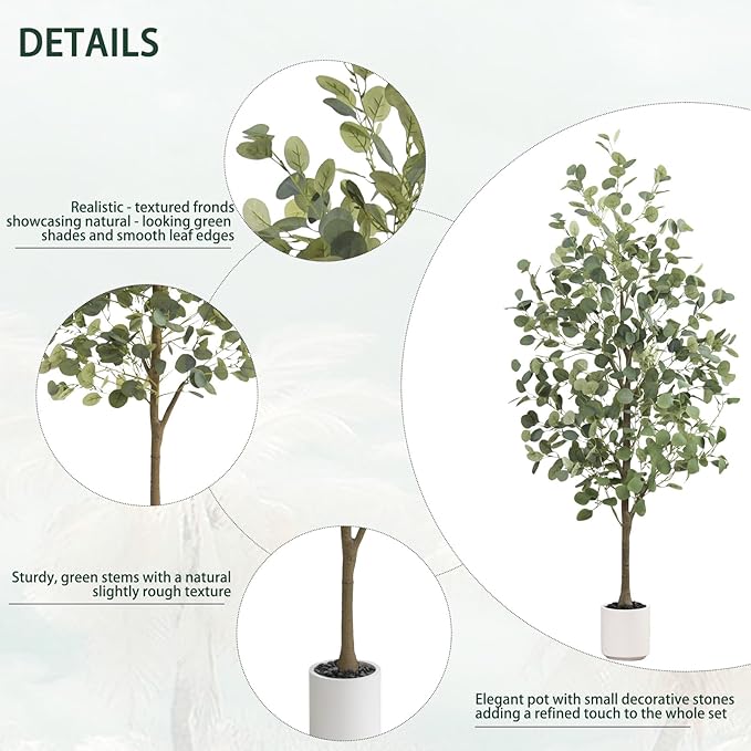 Faux Eucalyptus Tree 5FT Tall Artificial Eucalyptus Tree Indoor Outdoor, Fake Eucalyptus Plant with Green Silver Dollars Silk Leave, Fake Floor Plants, Present for Friend Housewarming Decor