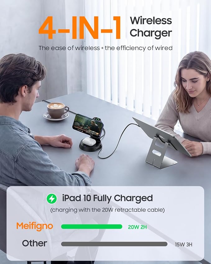 Meifigno 4 in 1 Magnetic Wireless Charger with 20W Fast Retractable Cable | Compatible with MagSafe Charging Station for Multiple Apple Devices with PD45W Adapter for iPhone 17/ 16/ iWatch/ Earbuds