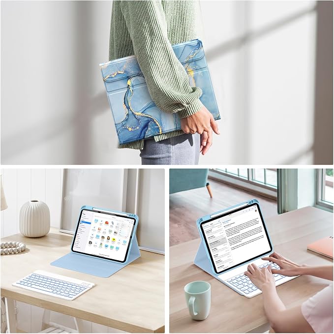 Soke for iPad (A16) 11th/10th Gen Case with Keyboard Black Marble | For iPad 11/10.9 inch(2025/2022) 7 Color Backlight Magnetic wireless Detachable Keyboard Case Built-in Pencil Holder