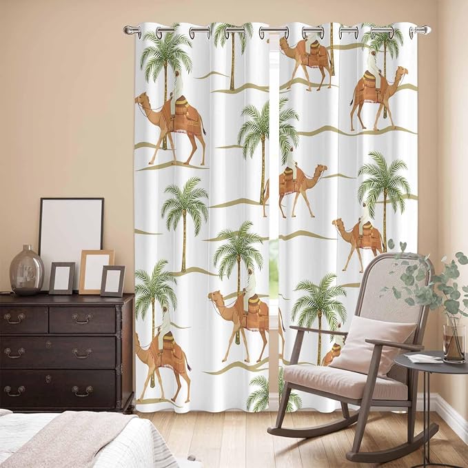 2 Panel Kitchen Cafe Curtains, Desert Camels Sunlight Filtering Nature Air