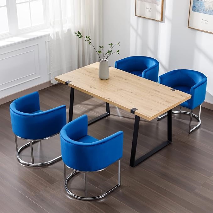 Velvet Dining Chairs Set of 3 Modern Barrel Arm Chairs with Chrome Metal Frame, Upholstered Kitchen Chairs 18.5" Wide Accent Chairs for Living Room Dining Room Restaurant, Blue