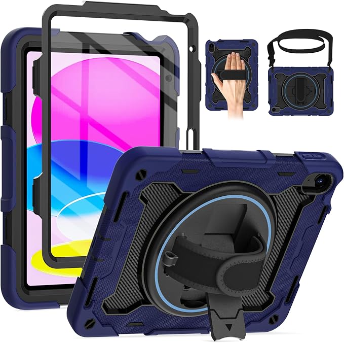 for iPad 9th 8th 7th Gen Case 10.2 inch with Screen Protector | 360° Rotating Kickstand Hand Strap Shoulder Strap Heavy Duty Military Grade - Kids Friendly