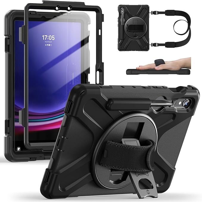 Case for Samsung Galaxy Tab S10 Lite/S10 FE/S9 FE/Tab S9/S8/S7 5G 10.9/11 Inch Heavy Duty Full-Body Shockproof Drop Protective Cover with 360° Rotating Handle Stand Hand/Shoulder Strap Black