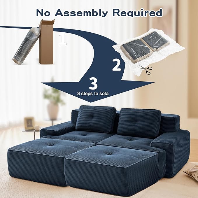 80" Modern Corduroy Boneless Love Seat Couches with 2 Ottomans, 2 Seater Large Sectional Couches for Living Room, Blue Cloud Modular Sectional Sofa, Memory Foam, Extra Deep Loveseat, No Assembly