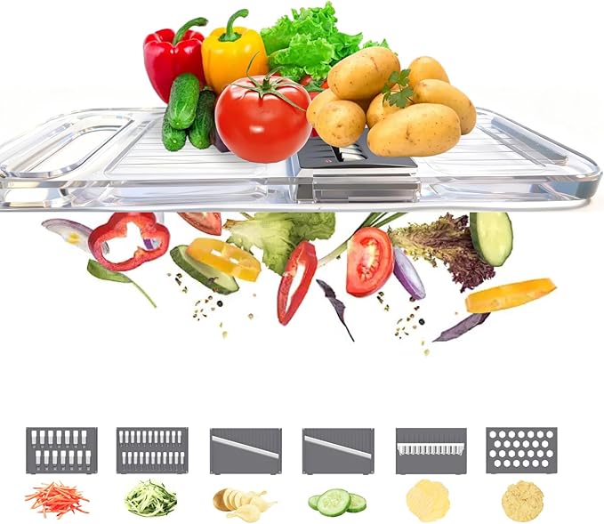 ZKIRON Mandoline Slicer for Kitchen, 6-in-1 Multifunctional Handheld Vegetable Cutter with Transparent Body & Safety Guard, Potato Slicer Cucumber Julienne Shredder, Compact Salad Prep Gadget
