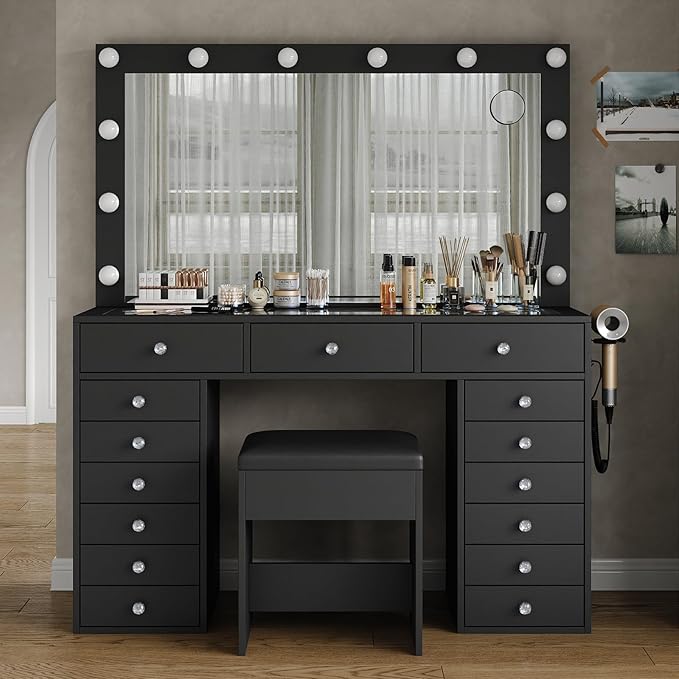 15 Drawers Makeup Vanity with Charging Station, Vanity Desk with 12 LED Bulbs and HD Mirror, 3 Color Brightness Adjustable, Vanity Set for Bedroom, Black