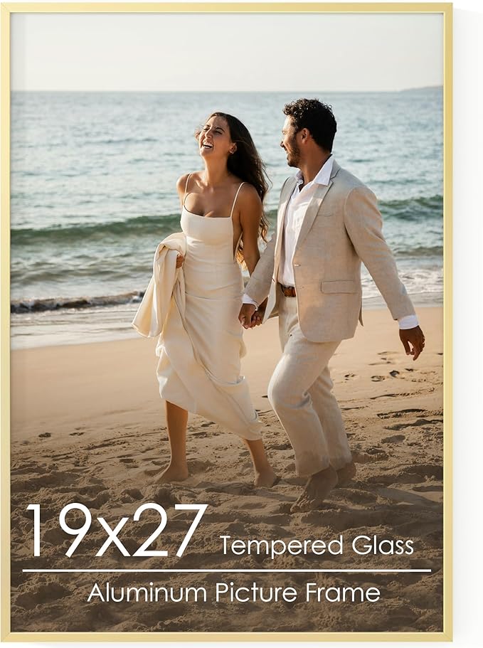 19x27 Metal Picture Frame - Gold Aluminum Picture Frames with Real Glass, Wall Mounting Horizontally or Vertically, Diploma, Certificates and Decor for Wall Gallery 27x19 Frame, Gold