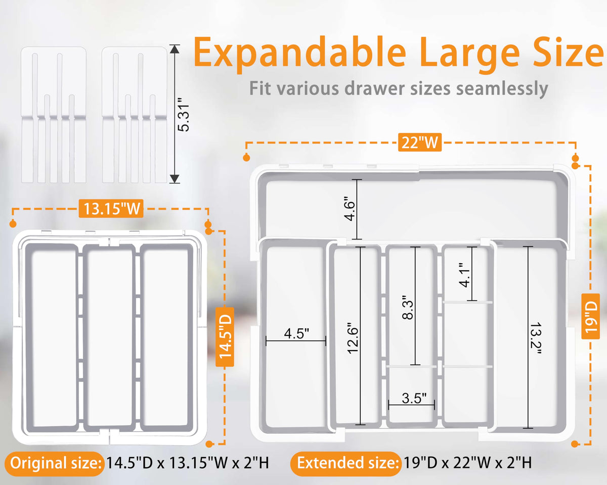 Homecor Large Utensil Organizer for Kitchen Drawer, Expandable Silverware Drawer Organizer Cooking Tray, Cutlery and Flatware Utensil Holder Kitchen Spatula Tools Storage with 3 Dividers, Grey