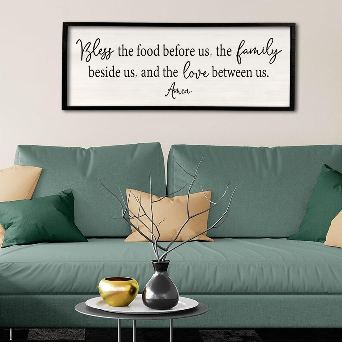 Bless the Food Before Us Sign Wall Decor 40"X15" Large Farmhouse Dining Room Wall Decor Framed Wood Rustic Home Wall Art Kitchen Decoration (Black)