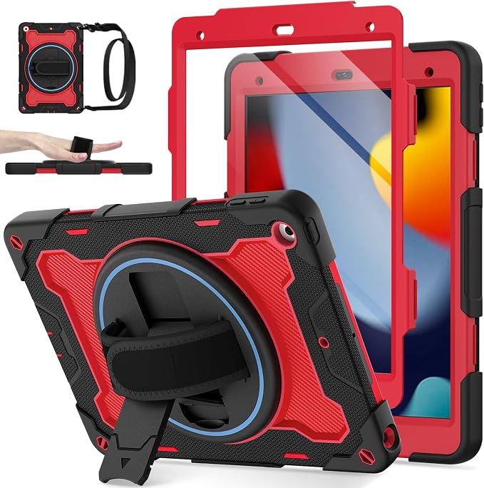 for iPad 9th 8th 7th Gen Case 10.2 inch with Screen Protector | 360° Rotating Kickstand Hand Strap Shoulder Strap Heavy Duty Military Grade - Kids Friendly