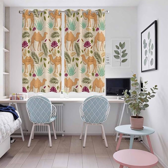 2 Panel Kitchen Cafe Curtains, Desert Camels Sunlight Filtering Nature Air