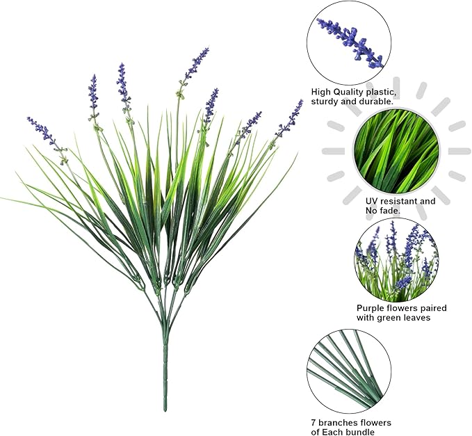 Artificial Fake Outdoor Plants Flowers for Decoration,10 Bundles 16.5" UV Resistant Plastic Tall Realistic Faux Monkey Grass Greenery Stems for Home Outside Planter Window Porch Patio Garden-Purple