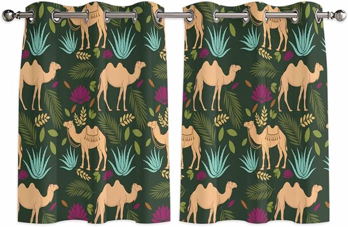 2 Panel Kitchen Cafe Curtains, Retro Desert Camel Sunlight Filtering Nature Air