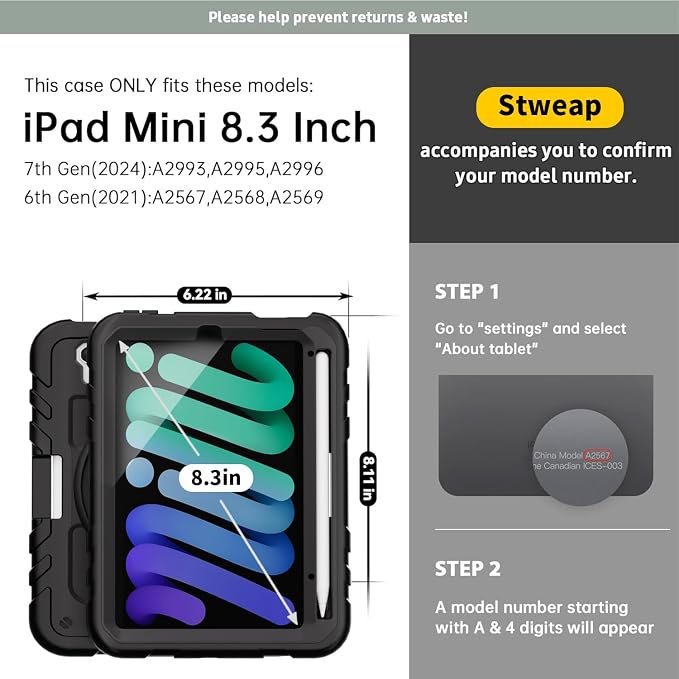 for iPad mini 7 A17 Pro/iPad mini 6 8.3 Inch Case iPad mini 7th/6th Generation Case (2024/2021) with Pencil Holder/Kickstand Hand Strap/Shoulder Strap Black
