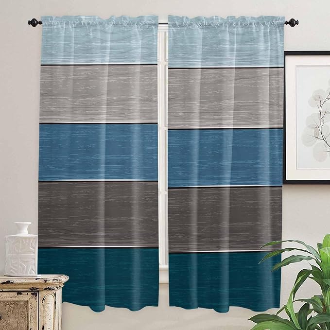 Retro Farm Blue Gray Wood Grain Window Valance Curtains, Rustic Wooden Plank
