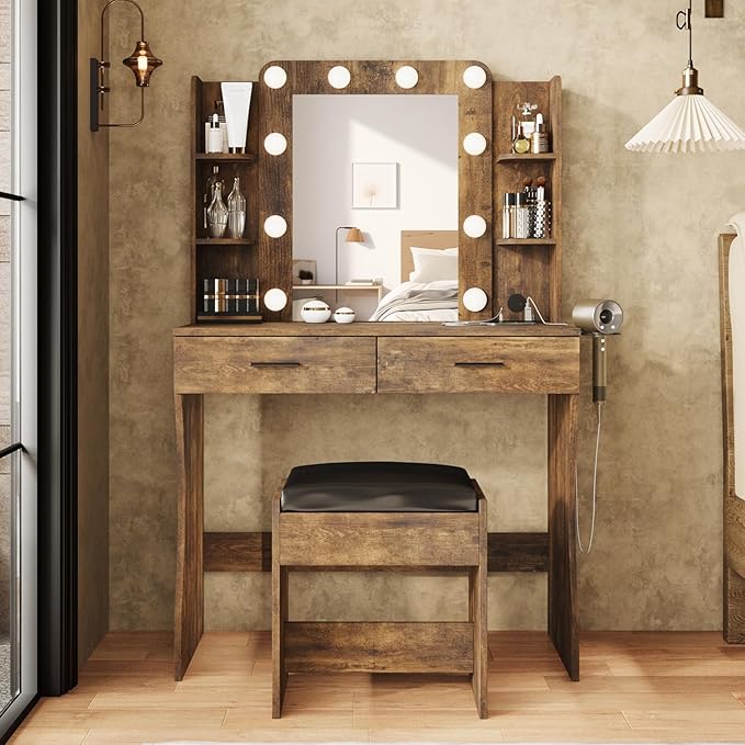 Maupvit Vanity Desk with Mirror and Lights,Makeup Vanity Table Set with Power Outlet,3 Lighting Modes & Adjustable Brightness Dressing Table with 2 Drawers for Bedroom Dressing Room,Rustic Brown