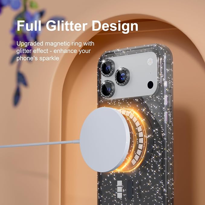 Choiche for iPhone 15 Pro Max Case Compatible with MagSafe Glitter Black | Women Girly Cute Glitter Sparkly Magnetic Phone Case with Diamond Camera Lens Protectors Military-Grade Drop Protection 6.7