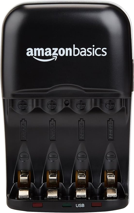 Amazon Basics Rechargeable Battery Charger for AA & AAA Ni-MH Batteries with USB Port, Portable, Travel-Friendly, Over-Charge Protection, Black