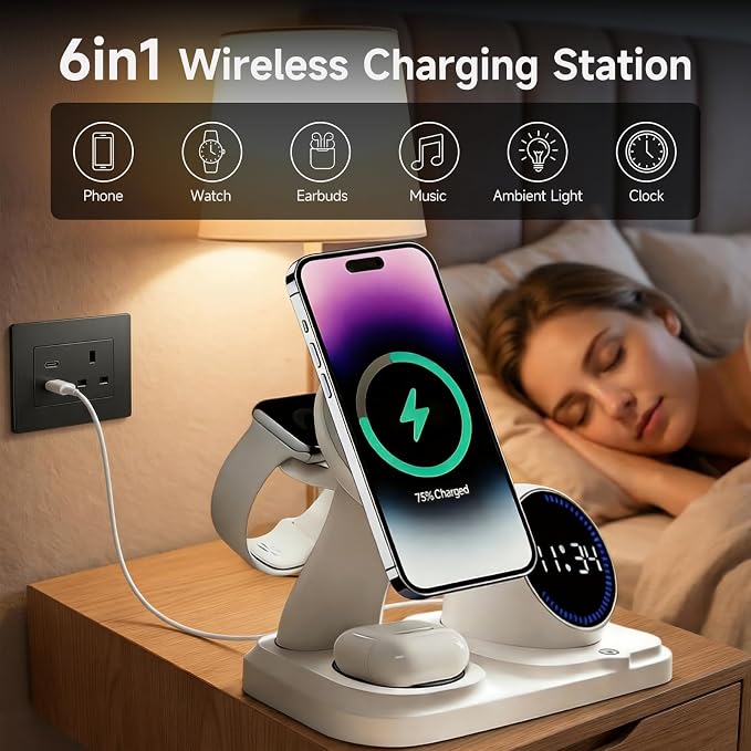 6-in-1 Wireless Charging Station with 30W Fast Adapter RGB Ambient Light Digital Clock &amp Bluetooth Speaker Multi-Function Desktop Charger for Wireless Charging Phones Earbuds &amp Watch