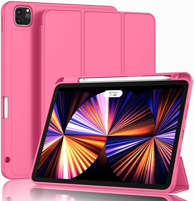 New iPad Pro 11 Inch Case 2022(4th Gen)/2021(3rd Gen)/2020(2nd Gen) with Pencil HolderSmart iPad Case [Support Touch ID and Auto Wake/Sleep] with Auto 2nd Gen Pencil Charging (Deep Pink)