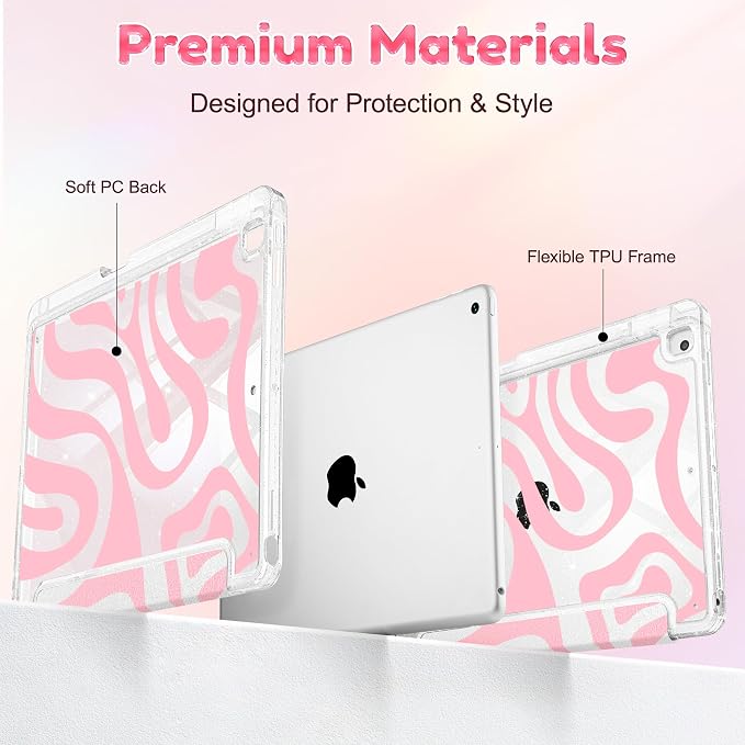Case for iPad 9th/ 8th/ 7th Generation 10.2-Inch Case(2021/2020/2019 Release) Glitter Tablet Cases with Transparent Acrylic Back+Trifold Stand+Pencil Holder+Auto Wake/Sleep Bows-Stripe