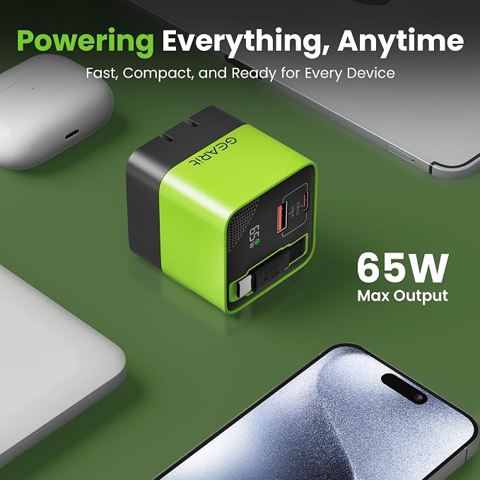 GEARit 65W GaN Charger Retractable USB C Cable + 2 Ports Digital Display | Retractable USB-C wall charger for iPhone Samsung Galaxy Watch earbuds. Foldable plug GaN fast charge wattage display